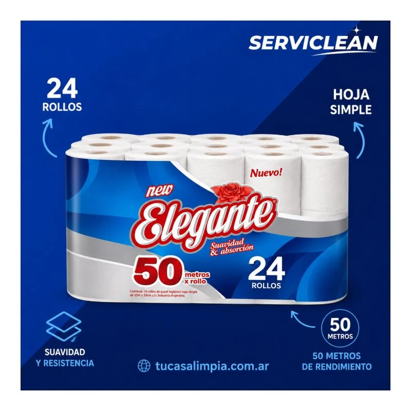 Papel Higiénico ELEGANTE 24 ROLLOS x 50m Simple Hoja
